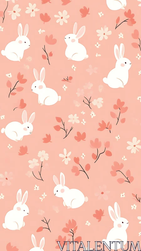 Gentle white bunnies rest softly among peachy spring blooms