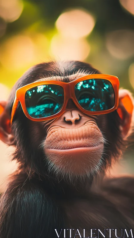 Close-up chimpanzee portrait with orange sunglasses, bokeh light