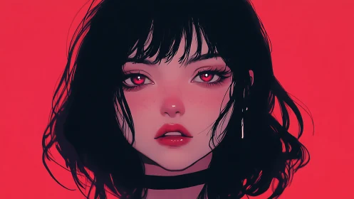 Red eyed girl portrait against flat crimson background.