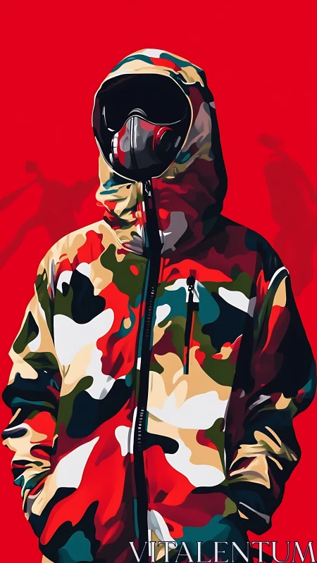 Camouflaged streetwear figure stands bold against red field.