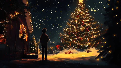 Nighttime child observing illuminated outdoor Christmas tree scene