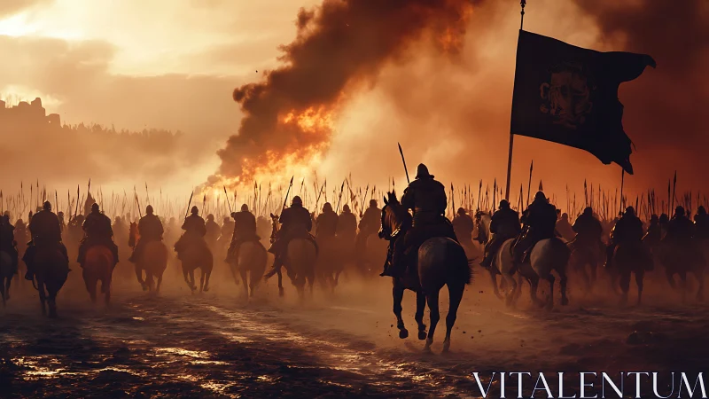 Medieval cavalry charge beneath burning siege skies.