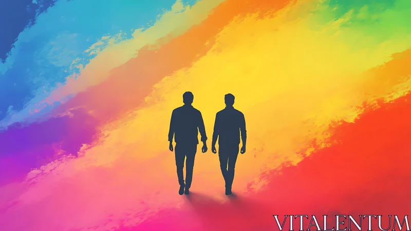 Silhouetted pair walking across vivid rainbow gradient field.