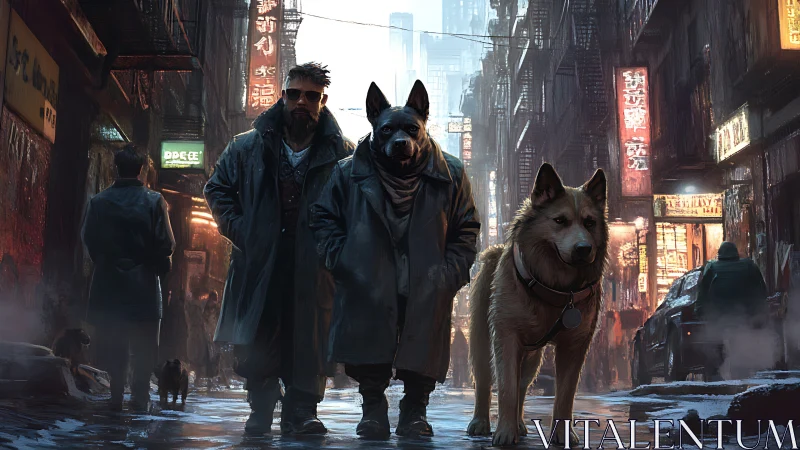 Man and humanoid dog patrol neon city alley at night.