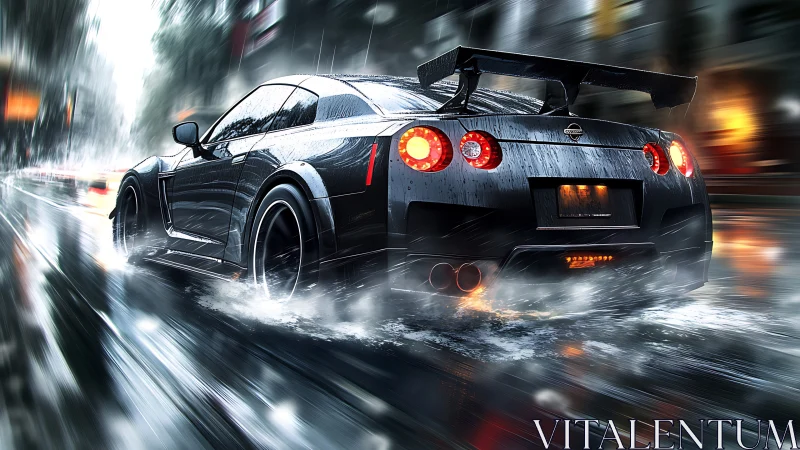 Roaring sports car surges through a rainy neon city street at speed