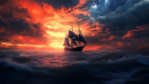 Tall ship cuts stormy ocean beneath burning sunset sky