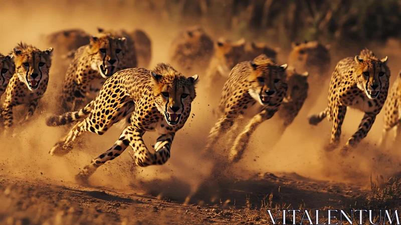 Herd of cheetahs running through dust in savanna environment.