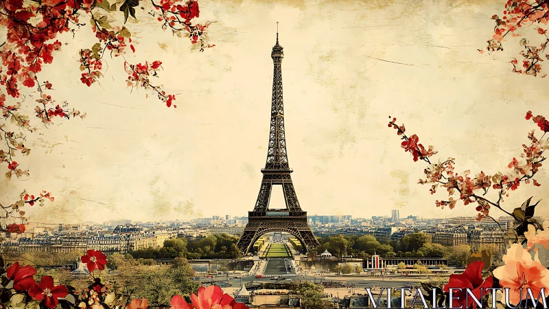 Central Eiffel Tower skyline framed by floral vintage texture