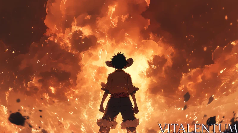 Young hero stands strong before a roaring wall of fire.