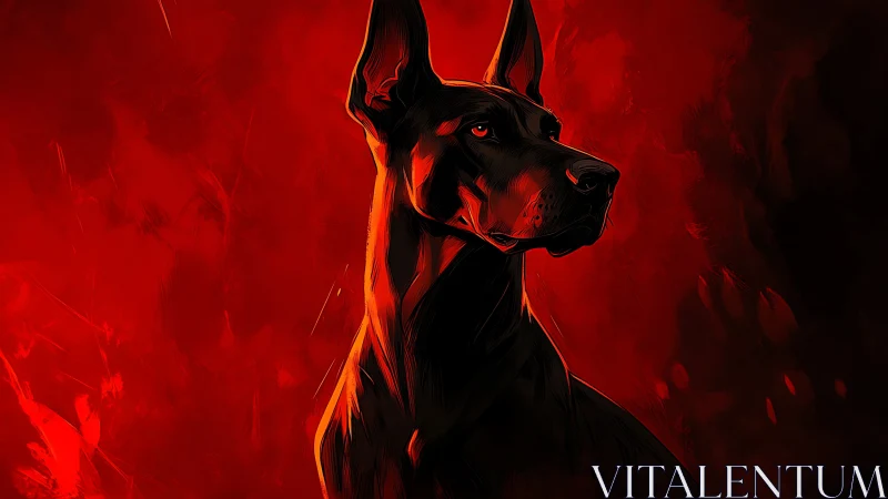 Black doberman digital painting against intense red field.
