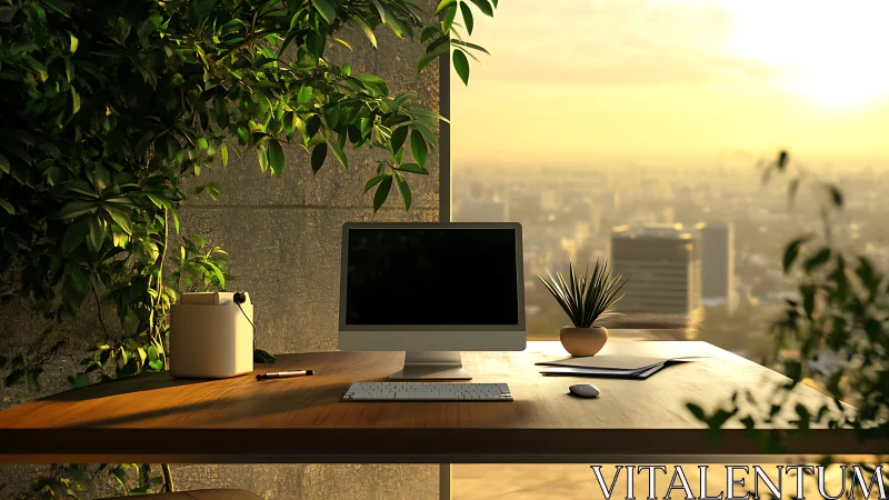 Biophilic high-rise workstation under warm volumetric sunset.