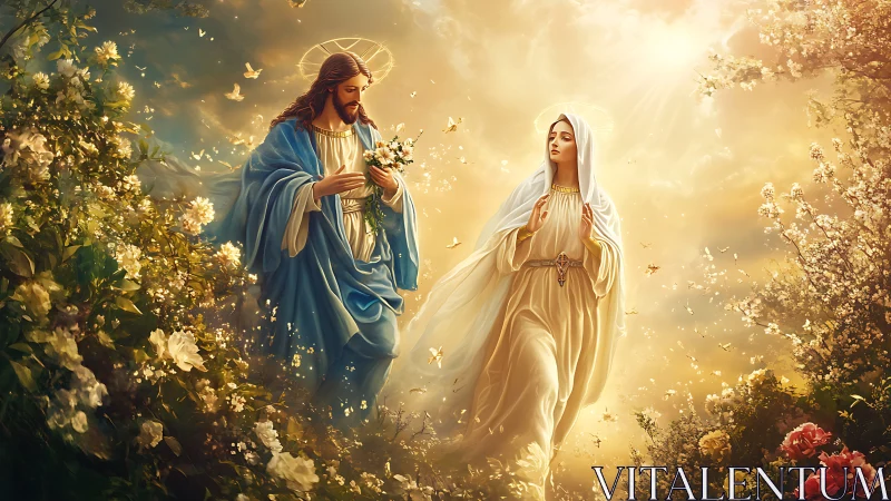 Heavenlit garden walk of sacred companions in golden bloom.