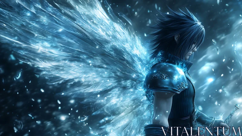 Winged armored figure in blue-toned digital fantasy scene.