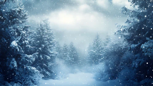 Snowy conifer forest deepened by falling twilight snow