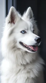 Ice-eyed white husky gazes through windowlight with quiet joy.