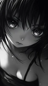 Monochrome anime portrait uses dramatic close-up lighting and depth