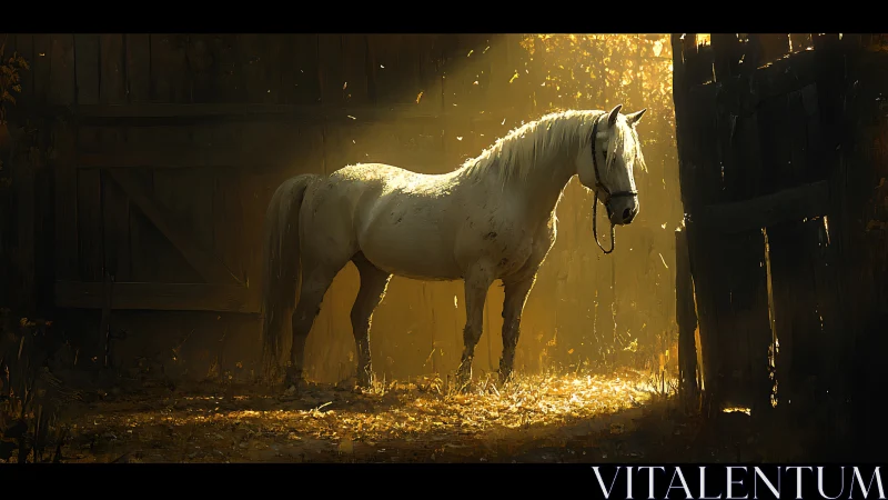 White horse standing in backlit barn entrance at dusk.