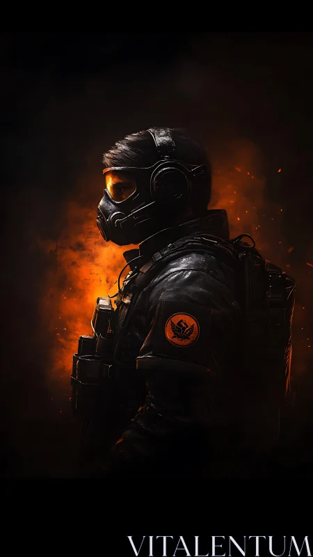 Tactical soldier in gas mask against intense orange fire.