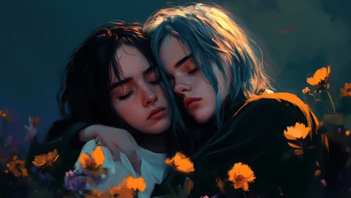 Two twilight dreamers rest in a meadow of burning blooms