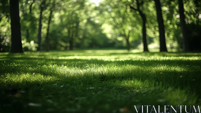 Sunlit forest lawn glows softly under a tranquil green canopy