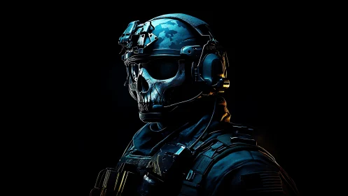 Tactical skull-masked operator in low key blue rim lighting