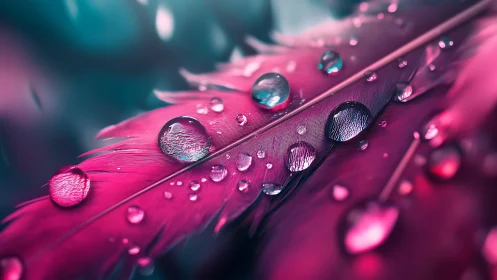 Iridescent dew jewels shimmering across a neon pink feather.