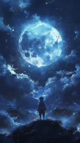 Silhouetted figure under an enormous blue moon sky.
