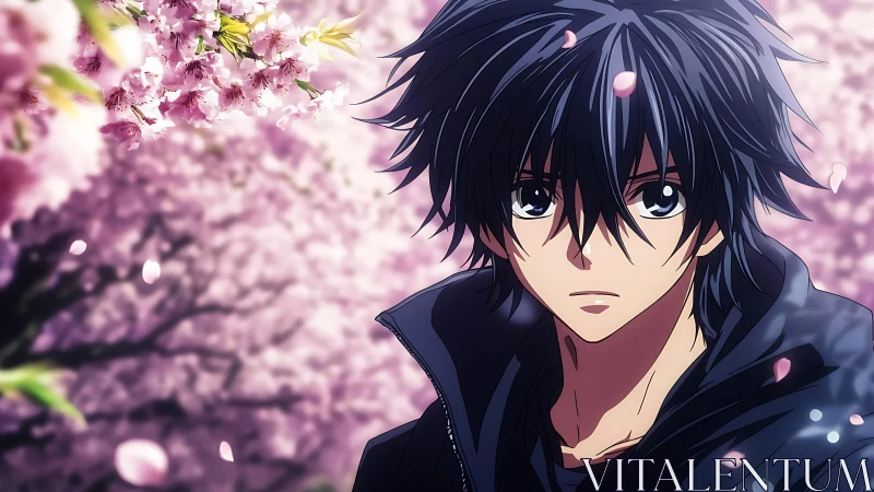 Melancholic anime boy stands beneath drifting cherry blossoms