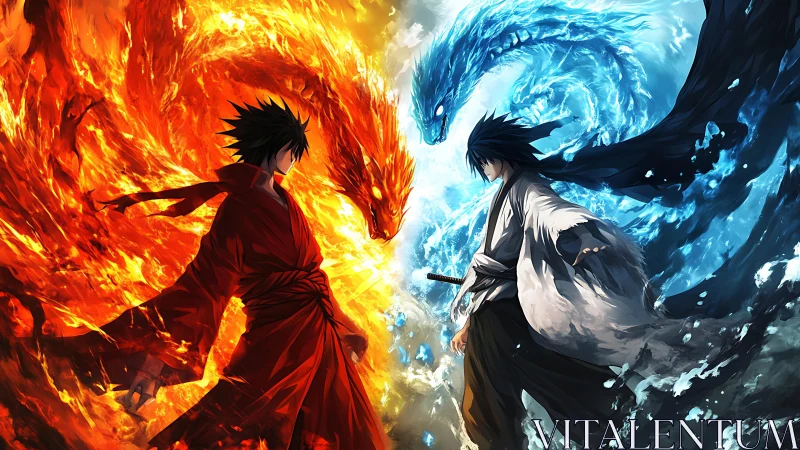 Elemental warriors stand locked between fire and water.