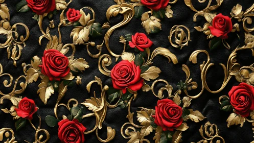 Red roses on black leather with gold ornamental flourishes