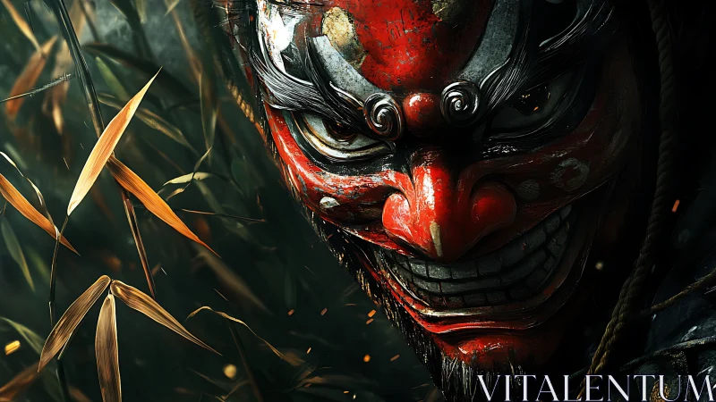 Warrior in red oni mask watching from the bamboo shadows.