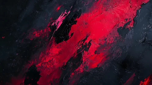 Bold red and black abstract acrylic painting with dramatic texture.
