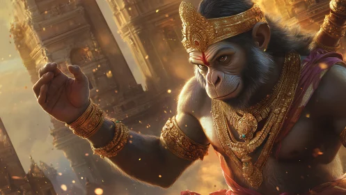 Majestic warrior monkey bathed in golden temple light.