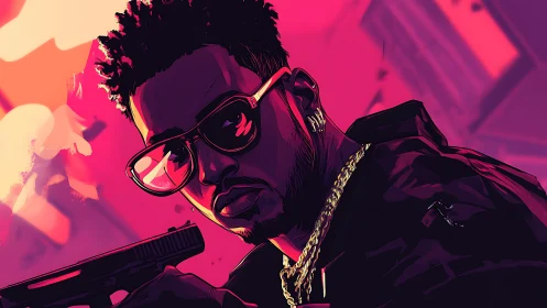 Neon-lit gunman portrait under bold magenta city glow.