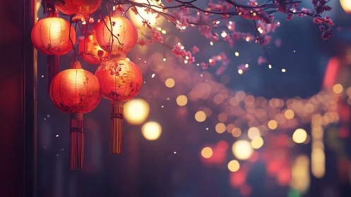 Red lanterns glow under cherry blossoms at dusk festival.