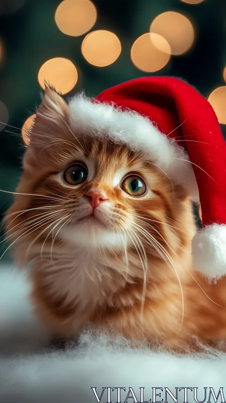 Ginger kitten in Santa hat against soft holiday lights.