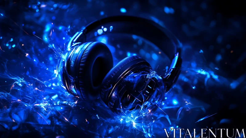 Closed-back over-ear headphones in electric blue light field