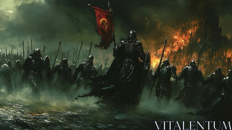 Armored legion advances through burning citadel fog.