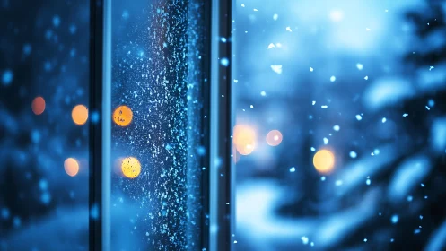 Snowy window glass with bokeh city lights in cold blue dusk