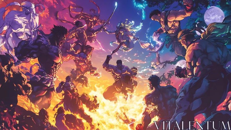 Fiery sky arena of mythic fighters caught mid-cosmic clash.
