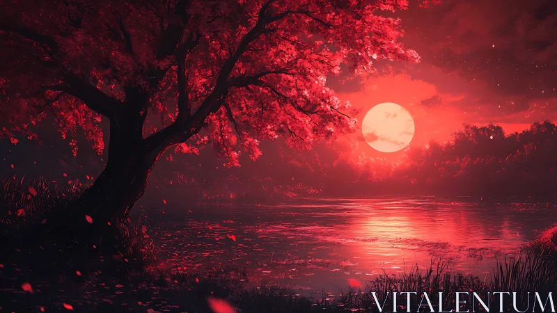 Red-toned lakeside tree stands before large luminous moon