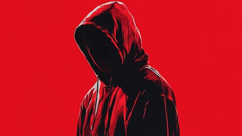 Hooded silhouette rendered against stark red background.