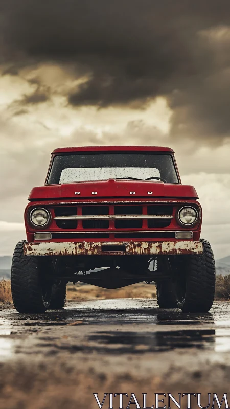 Weathered red pickup waiting under brooding storm clouds.
