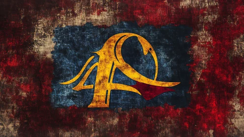 Grunge lion emblem emerges from distressed red and blue field