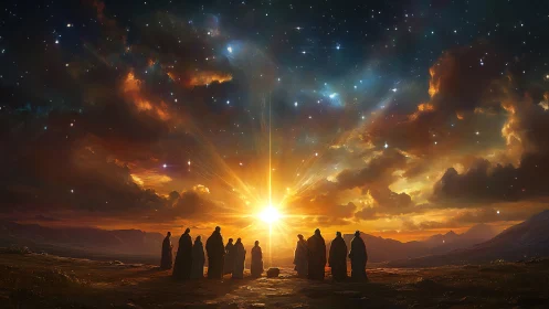 Robed figures watch radiant sunrise under starry sky.
