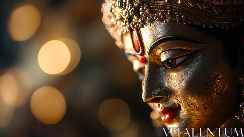 Gilded deity visage in shallow-depth optical close-up study.