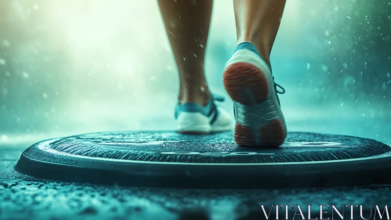 Runner’s shoes strike a wet platform under glowing rainlight.