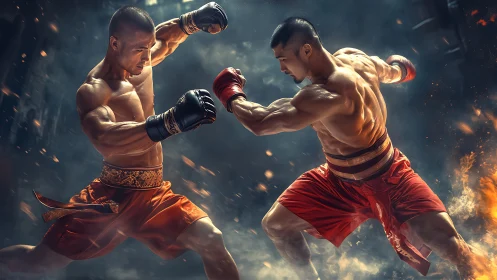Two muscular boxers engaged in dynamic combat exchange with explosive fire effects.