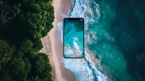 Smartphone Floats Between Emerald Waves and Verdant Jungle