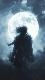 Backlit spectral figure dissolves into swirling lunar mist